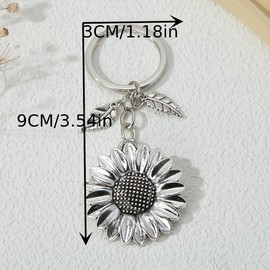 Logretve Decorative Sunflower Keychain with Leaf Charms, Silver Metal Daisy Bag Pendant (Style-1)