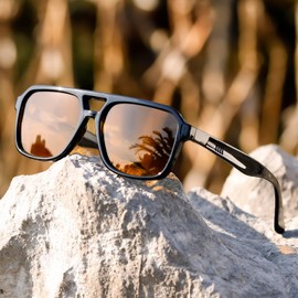 TIANYESY Retro Sunglasses for Women Men 70s Square Vintage Double Bridge Sunglasses UV400 Protection (Black frame/night vision yellow lens)