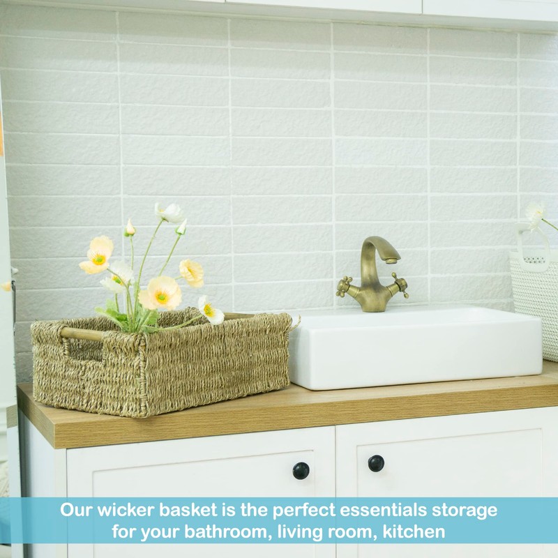 Large Natural Wicker Basket Rectangular with Wooden Handles, Seagrass Storage
