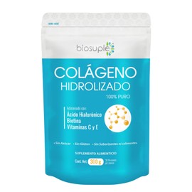BIOSUPLE | Colágeno Hidrolizado adicionado con Ácido Hialuronico, Semilla de uva, Biotina, Vitamina C y E | Polvo 300 g, sabor Natural – Suplemento Alimenticio.