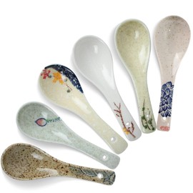 6 PCS Soup Spoons, Ceramic Small Spoon, Asian Soup Spoons Japanese Retro Style Table Dinner Spoons Creative Porcelain Little Spoon for Pho Cereal Wonton Dumpling Miso - Set of 6