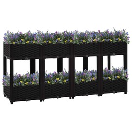 vidaXL Polypropylene Raised Garden Bed - 63"x15.7"x28" Durable Rectangular Black Outdoor Planter with Two Shelves for Flowers, Herbs, and Plants