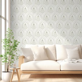 Floral Wallpaper Peel and Stick Vintage - Beige Geometric Contact Paper Modern Wall Decoration - Boho Self Adhesive Removable White Vinyl Film for DIY Drawer/Cabinet Bedroom Bathroom 17.7'' x 118''