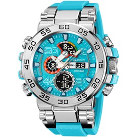 findtime Colourful Watches Men's 5ATM Waterproof Digital Watch with Double Time 12/24H Display LED Date Stopwatch Large Men's Watch Cool Military Design, Blue Lake, Bracelet