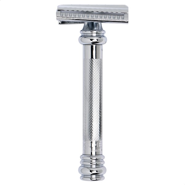 MERKUR Safety Razor 39C | Barber Pole Bevel Cut Gloss Chrome | Two Piece Razor with Oblique Cut | Closed Comb | Ideal for Wet Shaving | Brass Handle | Made in Germany