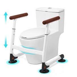 Toilet Safety Rails, Stable Toilet Handles for Elderly and Disabled with 4 Suction Cups, Adjustable Height Toilet Rails for Seniors with, Toilet Assist Rails Handrails Up to 350 LBS, Brown Color