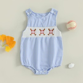 JLKGICF Baby Girl Boy Summer Clothes Baseball Embroidery Overall Smocked Newborn Infant Rompers One Piece Outfit (Blue, 12-18 Months)