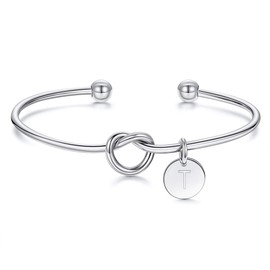 Ursteel Silver I Cant Tie the Knot Without You Bracelet with Initial T, Bridesmaid Proposal Gift, Modern Elegant Knot Bangle, Stainless Steel, Silver