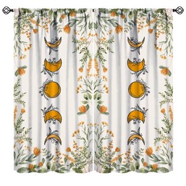 Boho Moon Phase Curtains, Rustic Vintage Yellow Orange Floral Bohemian Mid Century Abstract Sun Moon Print Window Treatment for Kitchen Bedroom Living Room, 42x45in （No Blackout）