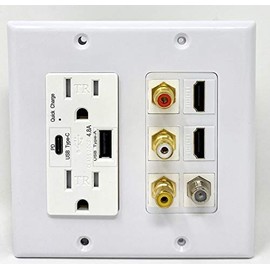 RiteAV USB Charger Outlet 15A/125V with USB Type-A/USB Type-C Charging Ports and 3 x RCA 2 x HDMI 1 x Coax Cable Decorative White Wall Plate