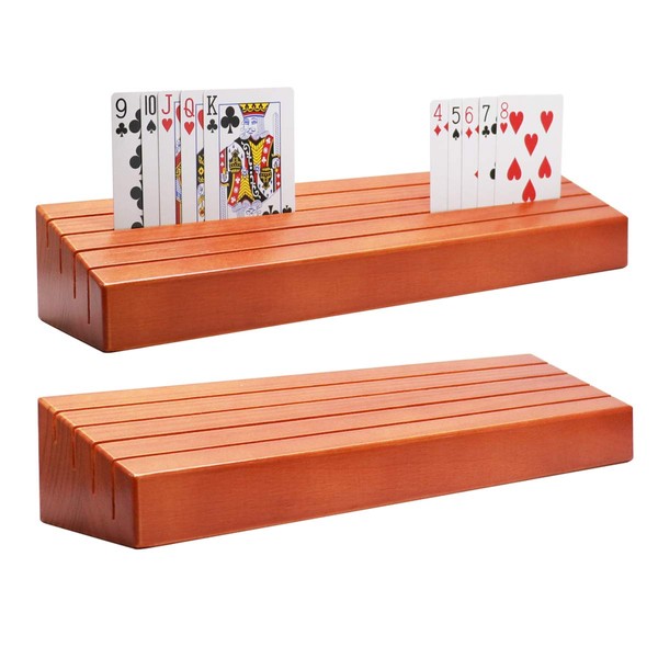 Wooden Playing Card Holder Set of 2 Solid Card Tray Rack Organizer for Kids Seniors Adults - 13.8 inch* 3.1 Inch Extended Versions Long Enough for Bridge Canasta Strategy Card Playing