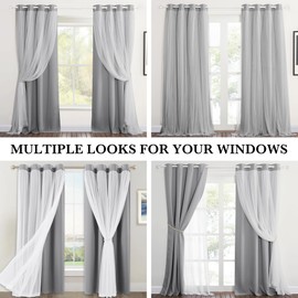 PONY DANCE Double-Layered Curtains White Sheer Solid Blackout Curtains 72 Inch Length Grommet Thermal Insulated Panels for Nursery Living Room/Sliding Glass Door (W52xL72, Silver Grey, One Pair)
