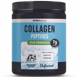 MAV NUTRITION Collagen Powder Supplement with Probiotics | Grass Fed Hydrolyzed Type 1 & Type 3 Collagen Peptides | Hair, Skin, Nails, Joints & Gut Health Support | 7000mg Per Serving, Unflavored 210g Per Container
