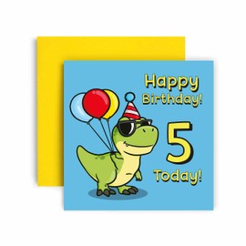 Huxters 5th Birthday Card – Dinosaur Birthday Cards for Boys – T Rex Dinosaur Happy Birthday Card – Birthday Card for Son or Daughter Brother Sister Friend Birthday Card Envelope (5th)