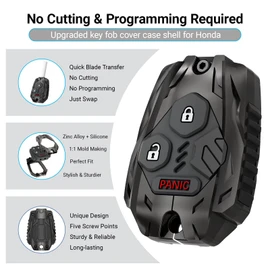 No Cutting Required - Upgraded Heavy Key Fob Cover Case for Honda Zinc Alloy Key Fob Shell for Honda Accord/Civic/CR-V/Fit/Odyssey/Pilot/Ridgeline/CR-Z (3 Button Black)
