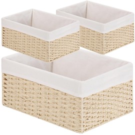 Vagusicc Wicker Basket, Set of 3 Hand-woven Storage Baskets for Organizing, Decorative Bathroom Wicker Storage Basket Bins with Handles, Small Toilet Paper Storage Baskets for Shelves & Decor, Beige