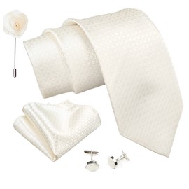 AXLON White Self Ties For Men – Tie Set With Pocket Square Cufflinks & Flower Brooch Pin For Mens(AXTS40) (Pack of 4)
