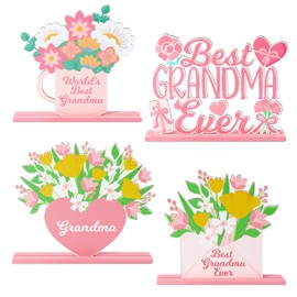 Haooryx Mother's Day Tabletop Centerpiece - 4Pcs Grandma Pink Flower Table Topper Centerpiece Best Grandma Ever Wood Letter Sign Detachable Decoration Mother's Day Decor Birthday Gift
