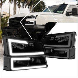 PM PERFORMOTOR [4Pcs-Set LED DRL Headlights+Bumper Lamps Compatible with 03-07 Chevy Silverado Avalanche,Black Housing/Clear Corner