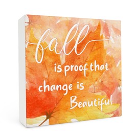 FHUGX Autumn Fall Is Proof That Change Is Beautiful Wood Box Sign,Fall Autumn Themed Box Sign,Orange Maple Leaf Wood Sign,Fall Autumn Signs For Office Home Desk Decor,Housewarming Gifts,5x5 Inch