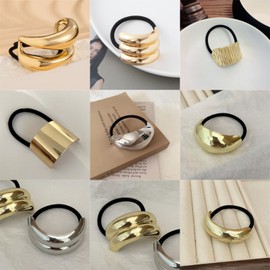 papasgix 9 PCS Metal Hair Ties, Metal Geometric Elastic Hair Ties, Gold Hair Cuff Wrap Hair Ties for Thick Hair Gold Ponytail Cuff Elastic Hair Ties for Women Hair Accessories (Set 07)