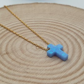 MYSTIC JEWELS by Dalia 925 Sterling Silver Synthetic Opal Cross Pendant Necklace Length 40cm+5cm Adjustable, Sterling Silver, Opal