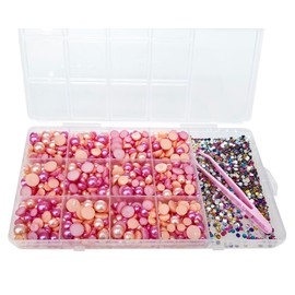 100g Mix Pearls and Rhinestones, BetterJonny 3-10mm Flatback Pearls and Rhinestones Champagne Pink Half Pearls for Craft Mixed Sizes Flat Back Rhinestones for DIY Crafts Decoration and Jewelry Making