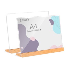 Folgtek 2-pack A4 Acrylic Sign Holders, Horizontal L-Shape Acrylic Table Stands Wooden Base Menu Holders for Restaurants, Office, 297 * 210mm