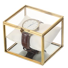 JUXYES Clear Single Watch Display Case with White Watch Pillow, Luxury Brass Glass Watch Organizer Holder Stand Small Watch Collection Box for Men and Women, Gold