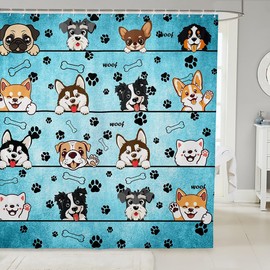Lovely Dog Shower Curtains,Cute Puppies Cartoon Animal Bath Curtain,Kawaii Paw Print Blue Cloth Fabric Bathroom Decor Set with Hooks,72" Long
