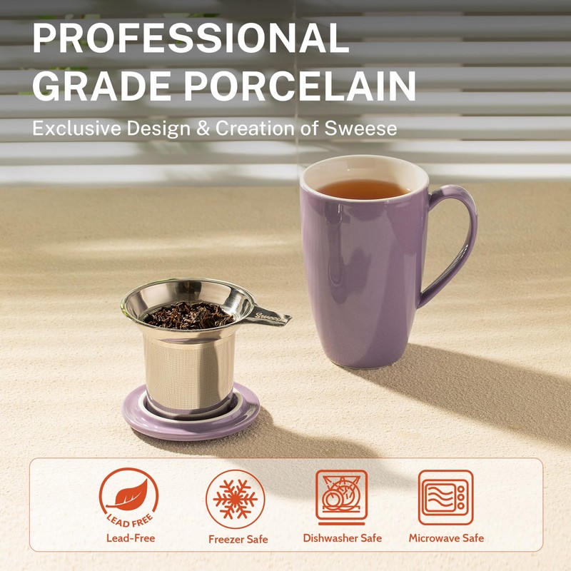 Sweese 15 OZ Porcelain Tea Mug with Infuser and Lid,