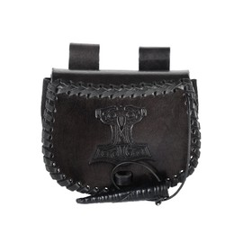 Battle-Merchant Small Medieval Belt Bag with Thor's Hammer Embossed Leather Bum Bag for Men and Women in Black Viking Reenactment Leather Case for Belt