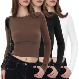 GAYHAY 3 Pack Long Sleeve Shirts for Women Basic Tops Crew Neck Fitted Tight Workout Tees Y2K Clothes Going Out Fashion 2025 Black White Brown