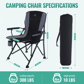 QAOYAL Camping Chairs for Adults, Support 300 LBS Lawn Chairs with Side Pocket & Cup Holder, Heavy Duty Folding Chair for Camping, Fishing, Sports Event (Black&Grey)