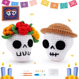 Fortuning's JDS Crochet Kit for Beginners -Skull Couple Crochet Kit with Step-by-Step Video Tutorials, Beginner Crochet Kit for Adults, 2 PCS Skull Crocheting Set