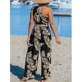 CUPSHE Women's Jumpsuit One Shoulder Sleeveless Overalls Drawstring Tropical Wide Leg Playsuit with Belt Summer Loose Trouser Suit, Black print