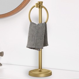 Hoimpro 17 Inch Stand Hand Towel Holder Towel Bar Towel Hanging Ring, Free Standing Floor Hand Towel Rack Storage for Bathroom Kitchen Vanity Countertops, Hardware Accessories(Brushed Gold)