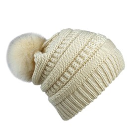 TOVINANNA Warm Knitted Women's Hat Beanie for Stylish Plush Ball Headpiece Beanie Size for Girls Beige