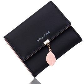 Roulens PU Leather Wallet for Women RFID-Blocking, Ladies Bifold Leaf Pendant Coin Zipper Small Purse with 5 Card Slots and 1 ID Window Card Holder Organizer