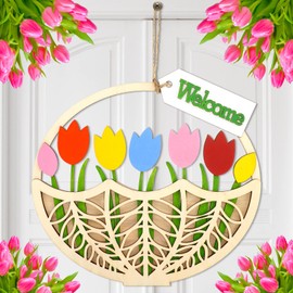 Ferraycle Spring Tulip Door Decor Spring Wreaths for Front Door Wooden Tulip Welcome Basket Door Sign Rustic Farmhouse Flower Door Hanger Hanging Wall Decorations for Home Indoor Outdoor Spring Decor
