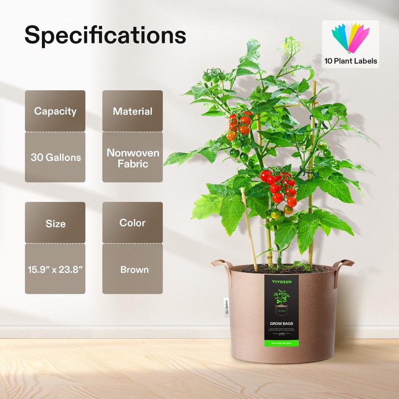 VIVOSUN 5-Pack 30 Gallons Grow Bags Heavy Duty Thickened Nonwoven