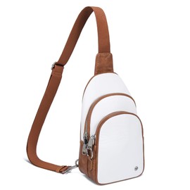 INICAT Crossbody Sling Bags Fanny Packs Leather Purses Chest Bag for Women(White-brown Anti Theft)