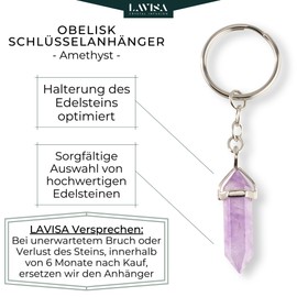 LAVISA Gemstone Keyring - Lucky Charm - Crystal - Healing Stone - Natural Stone Pendant - Handmade, Stainless steel