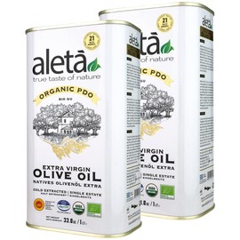 Aleta, Organic & PDO Extra Virgin Olive Oil, Certified Single Estate, Messara Greece, First-Cold Press, Traceable & Kosher, 1 Lt (33.8 oz.) Tin, Pack of 2