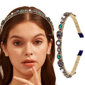 Haomye Gold Baroque Headband Green Crystal Headbands Pearl Rhinestone Hairband Headpiece for Women