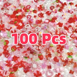 100pcs 3D Pink Red Strawberry Flower Nail Charms Cherry Rose Camellia Butterfly Nail Art Charms Resin Accessories Flatback Charms for Nails Design Moon Star Nail Jewels for Women Nail Art Supplies