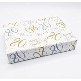 2 Sheets 80th Happy Birthday Celebrate Hooray White Gold Silver Unisex Wrapping Paper Age 80 Birthday Male Female Giftwrap (PA)