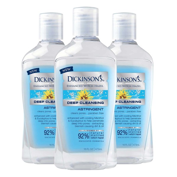 Dickinson's Enhanced Witch Hazel Deep Cleansing Astringent, Menthol and Eucalyptus, 16 Fl Oz (Pack of 3)