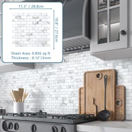 10-Sheet Subway Peel and Stick Backsplash Tile, 11.3" x 10.8" Carrara White Stone Composite Handmade Looks Self Adhesive Waterproof Wall Tile, Stick on Tiles for Kitchen Bathroom Shower Fireplace