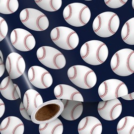 RUSPEPA Baseball Wrapping Paper Roll for Boys, Mini Roll, Classic White Baseball Design, Navy Blue Gift Wrap Paper for Sports Birthday, Baseball Party, Game Day, 17 Inches x 16.4 Feet